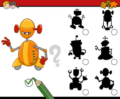 Cartoon Illustration of Find the Shadow Educational Activity Game for Preschool Children with Robots