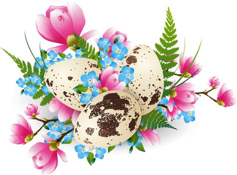 Illustration of Easter Quail Eggs Decorated With Fern and Flowers Over White