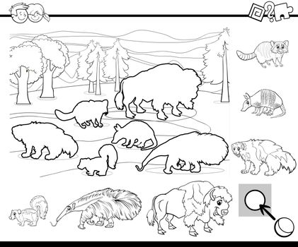 Black and White Cartoon Illustration of Educational Activity Task for Preschool Children with Wild Animal Characters for Coloring Book