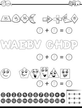 Black and White Cartoon Illustration of Educational Mathematical Addition Activity Task for Preschool Children with Shapes and Letters for Coloring Book