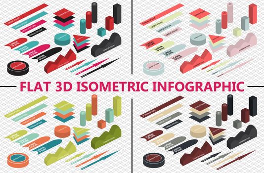 Flat 3d isometric infographic set for your business presentations. Colorful isometric icons. 4 colors themes. Vector illustration EPS 10