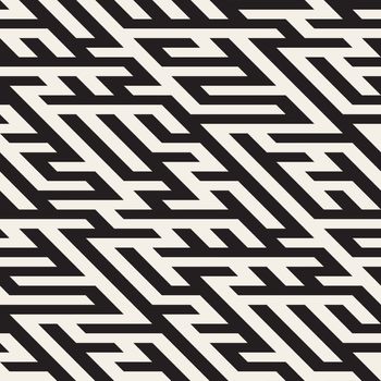 Vector Seamless Black And White Maze Diagonal Line Geometric Irregular Pattern. Abstract Geometric Background Design