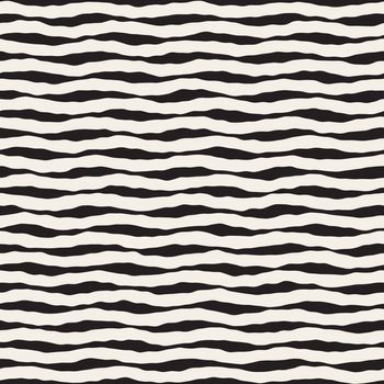 Vector Seamless Black And White Hand Drawn Horizontal Wavy Lines Pattern. Abstract Freehand Background Design