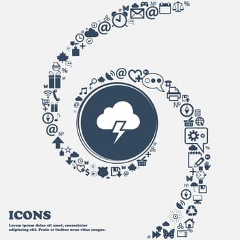 Heavy thunderstorm icon in the center. Around the many beautiful symbols twisted in a spiral. You can use each separately for your design. Vector illustration