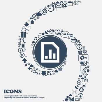 Growth and development concept. graph of Rate icon sign in the center. Around the many beautiful symbols twisted in a spiral. You can use each separately for your design. Vector illustration