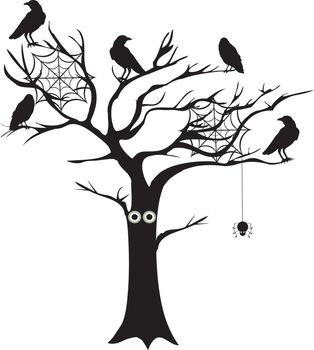 vector illustration of a spooky tree with crows and spider webs