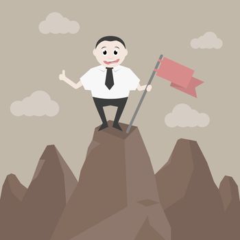Successful businessman standing on a high hill with a red flag