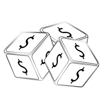 Black outline vector dice on white background.