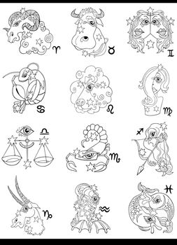 Cartoon Illustration of Black and White Horoscope Zodiac Signs with Fantasy Characters