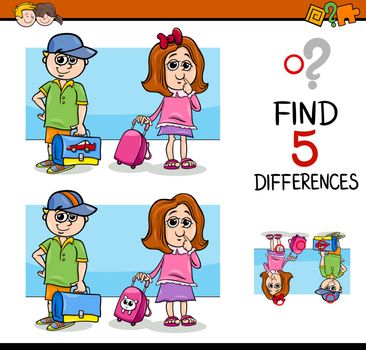 Cartoon Illustration of Finding Differences Educational Activity Task with School Children