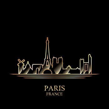 Gold silhouette of Paris on black background, vector illustration