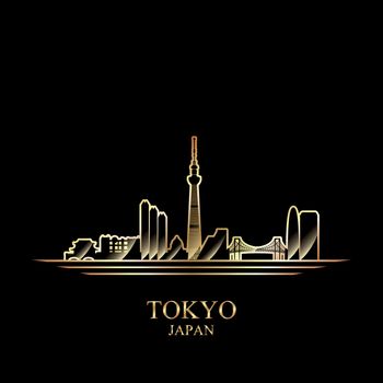 Gold silhouette of Tokyo on black background, vector illustration