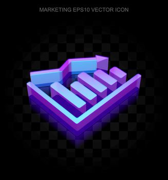 Marketing icon: 3d neon glowing Decline Graph made of glass with transparent shadow on black background, EPS 10 vector illustration.