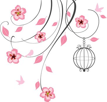 vector illustration of floral swirls with cherry flowers and bird cage