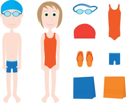 Cartoon illustration of boy, girl and swimming equipment