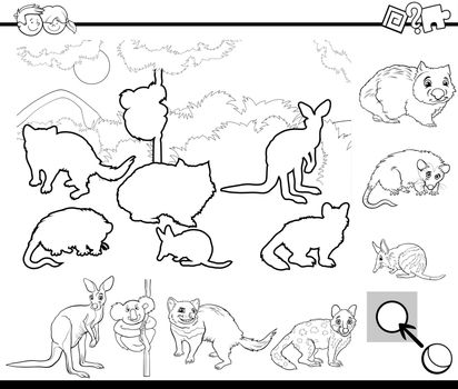 Black and White Cartoon Illustration of Educational Activity for Preschool Children with Australian Animal Characters for Coloring Book