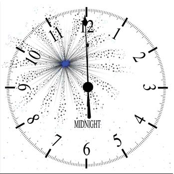 An old English office type clock face over a new year firework