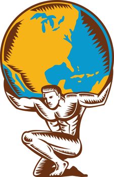 Illustration of Atlas kneeling carrying lifting globe world earth on his back set on isolated white background done in retro woodcut style. 
