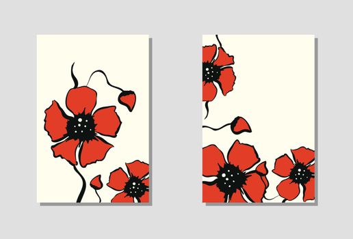 Vibrant floral vertical banners of poppy flowers and blossoms isolated on white background. Wallpaper with empty space for your text. Red flower design. Vector illustration.