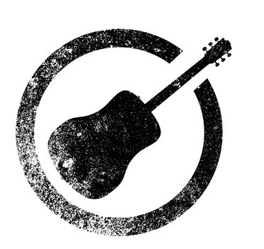 Acoustic guitar as as rubber ink stamp in black, isolated over a white background.