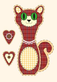 Cute cartoon cat in flat design for greeting card, invitation and logo with fabric texture. Vector illustration