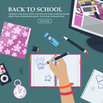 Desk Schoolgirls with exercise books and stationery. With place for your text. Vector illustration