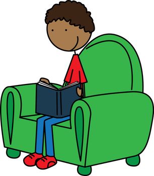 Cartoon illustration of a boy reading a book