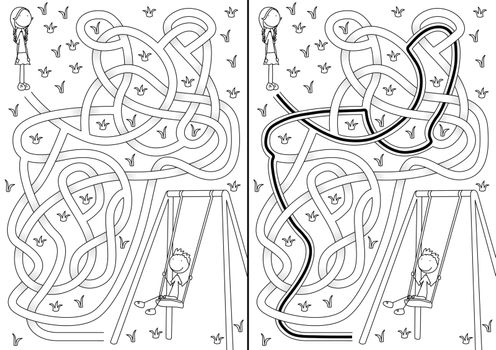Swing maze for kids with a solution in black and white