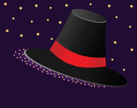 Magic hat with a Red Ribbon and asterisks on purple background. Vector illustration.
