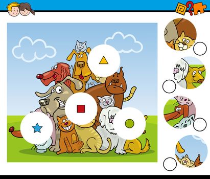 Cartoon Illustration of Educational Match the Elements Activity Task for Children with Dog Characters