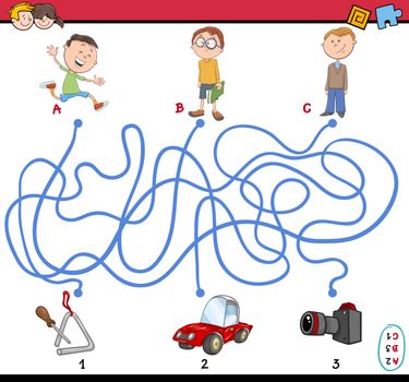 Cartoon Illustration of Educational Paths or Maze Puzzle Activity with Children and Objects