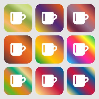 cup coffee or tea icon. Nine buttons with bright gradients for beautiful design. Vector illustration