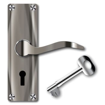 A typical metal door handle and key ove a white background
