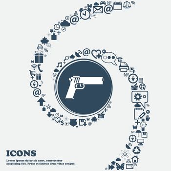 Gun icon in the center. Around the many beautiful symbols twisted in a spiral. You can use each separately for your design. Vector illustration