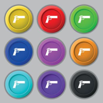 Gun icon sign. symbol on nine round colourful buttons. Vector illustration