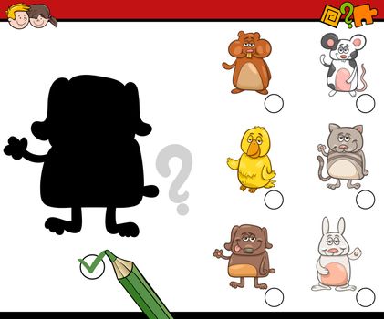 Cartoon Illustration of Educational Shadow Activity Task for Children with Pet Animal Characters