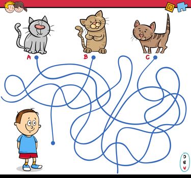 Cartoon Illustration of Educational Paths or Maze Puzzle Activity with Child Boy and Kittens