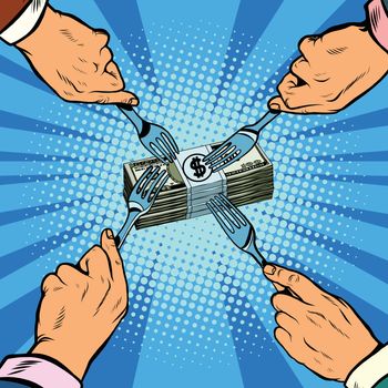 Financial competition, fight for money, pop art retro vector illustration. Hands with forks reaching for that bundle of money