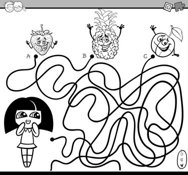 Black and White Cartoon Illustration of Educational Paths or Maze Puzzle Activity with Girl and Fruits Coloring Book