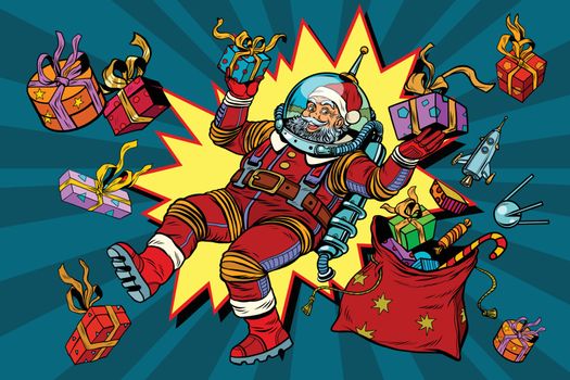 Space Santa Claus in zero gravity with Christmas gifts, pop art retro vector illustration. Comic background