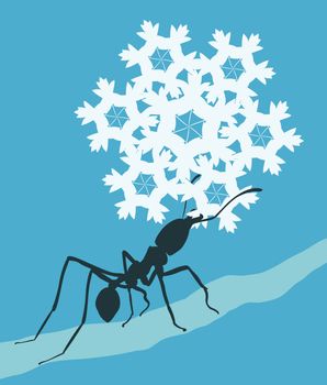 EPS8 editable vector illustration of a leafcutter ant carrying a snowflake