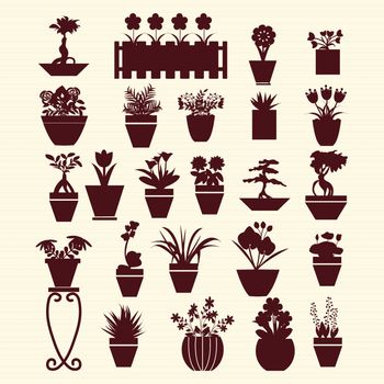 icons set of  pot plants  garden flowers  and  herbs in silhouette

