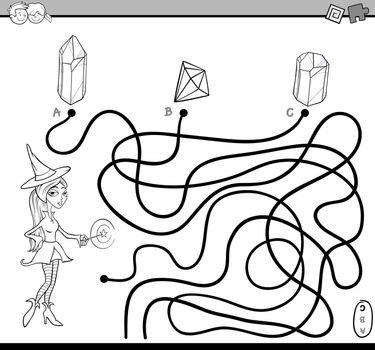 Black and White Cartoon Illustration of Educational Paths or Maze Puzzle Activity with Witch Character Coloring Book