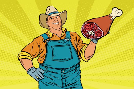 Rural retro farmer and meat leg, pop art retro vector illustration