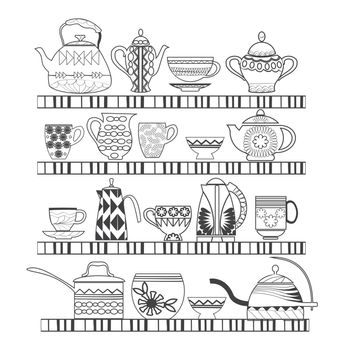 Doodles Abstract illustration set of tea collection with a tea pot, tea cup, jars, jugs on the shelves In black and white. Can use in coloring book for adult and children.