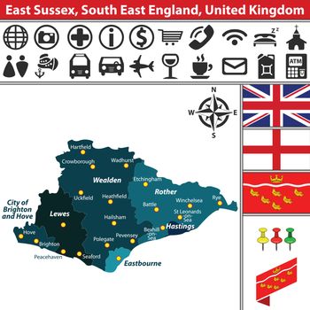 Vector map of East Sussex, South East England, United Kingdom with regions and flags