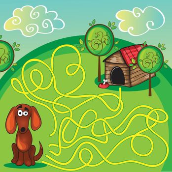 Cartoon Vector Illustration of Education Maze or Labyrinth Game for Preschool Children with Funny Dog and Doghouse 