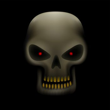 Realistic illustration of human skull with red eyes and yellow teeth on dark background