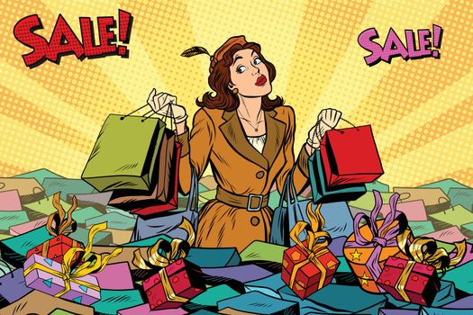 Woman with shopping in a sea of sales, pop art retro vector illustration