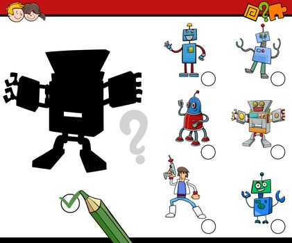 Cartoon Illustration of Find the Shadow Educational Activity for Preschool Children with Robot Characters